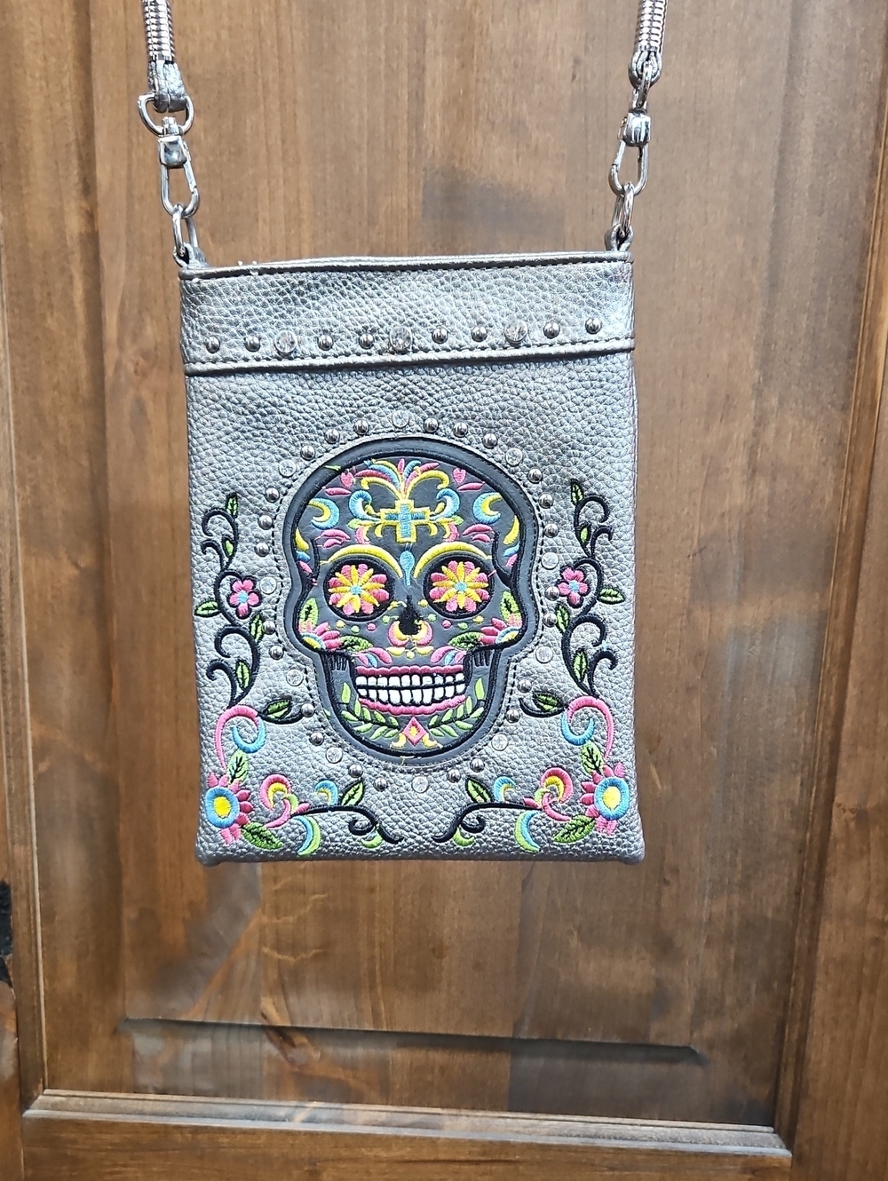 American Bling Embroidered Sugar Skull Crossbody Bag W/Phone Pocket-Gray 6" X 8"